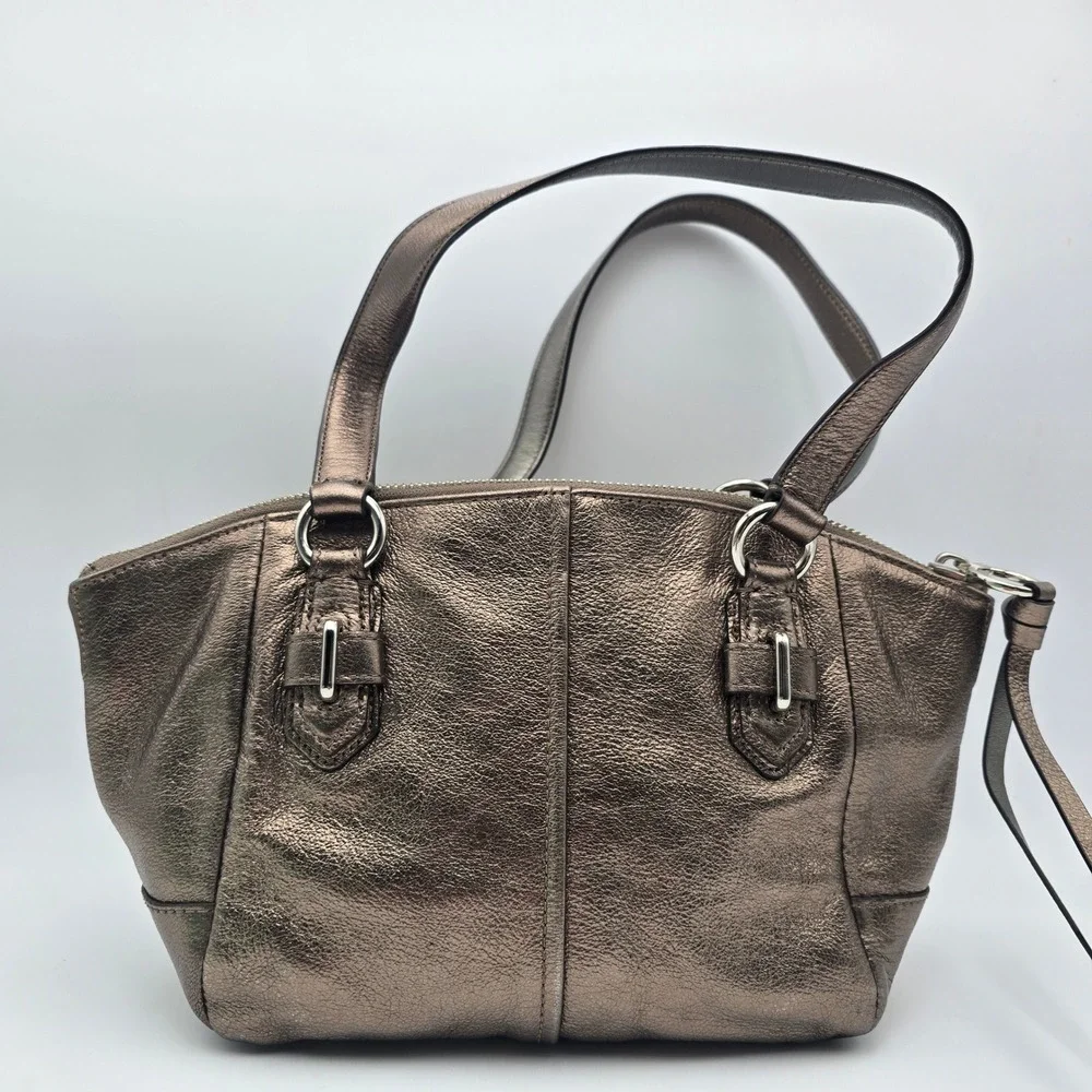 Coach Gun Metal Metallic Bronze Leather Satchel Handbag Silver Hardware